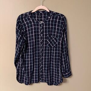 Talbots Women's Navy Plaid Polka Dot Button Down Top‎ Crew Collar Size L Flannel